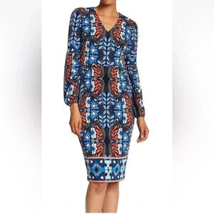 Maggy London Women's Folklore Print Dress V-neck Long Sleeves Size 10